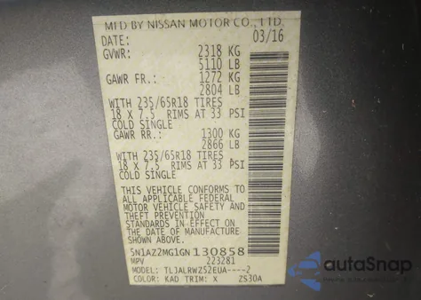 2016 Nissan Murano Sl из США, поврежденный, VIN 5N1AZ2MG1GN130858